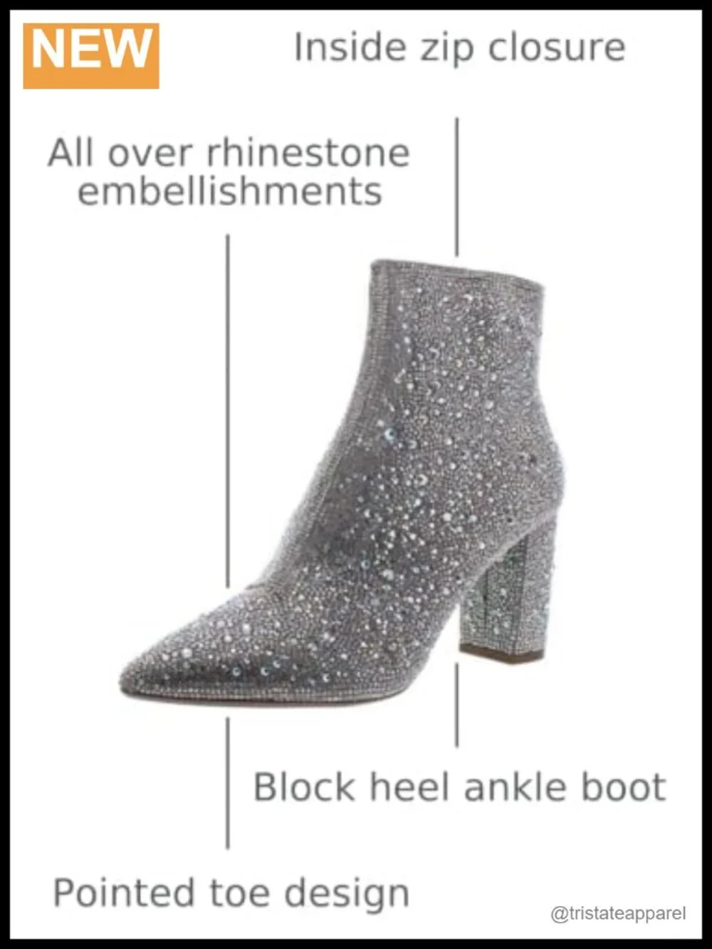 Rhinestone Embellished Faux Leather Ankle Bootie with Block Heel